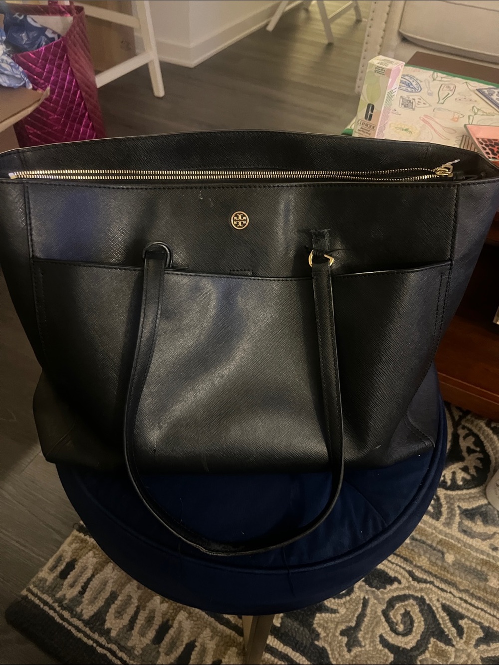 Tory Burch Black Leather Zip-Top Tote with Gold Logo